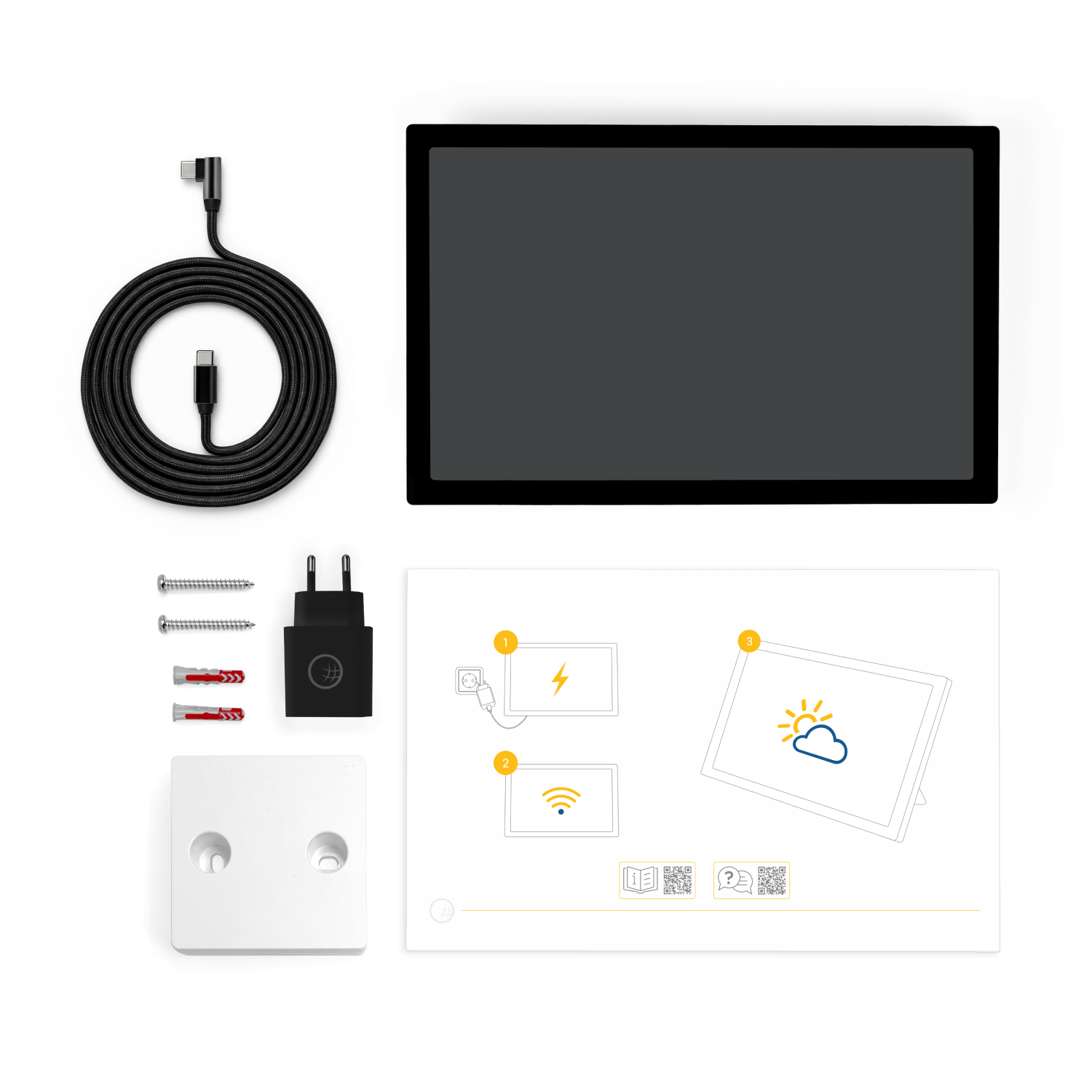 Lieferumfang wetteronline home 4 mit Wetter Display, Netzteil und USB Kabel