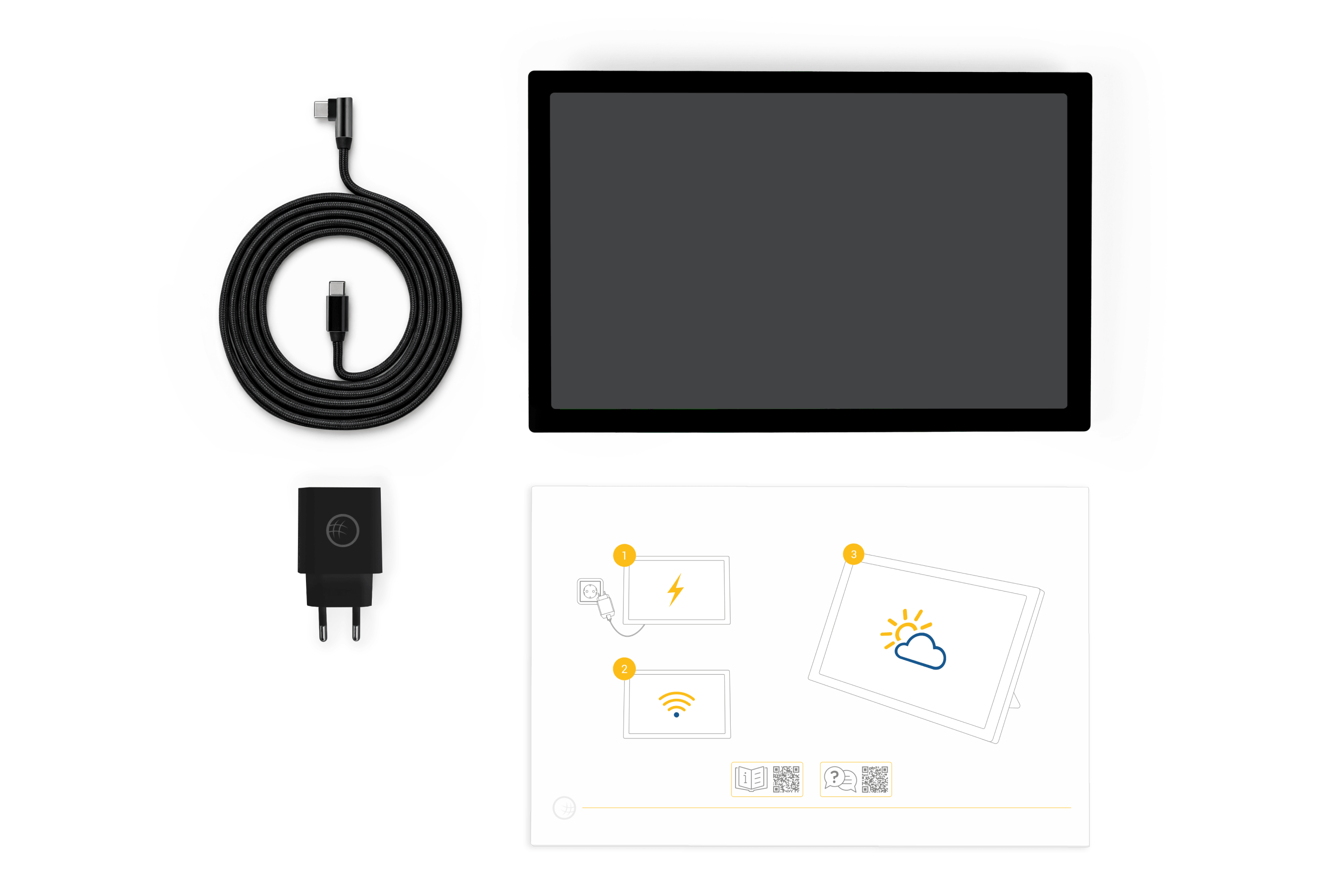 Lieferumfang wetteronline home 4 mit Wetter Display, Netzteil und USB Kabel