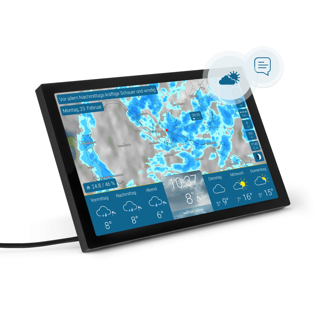 wetteronline home 4 in Schwarz mit Regenradar und aktueller Wettervorhersage auf Display