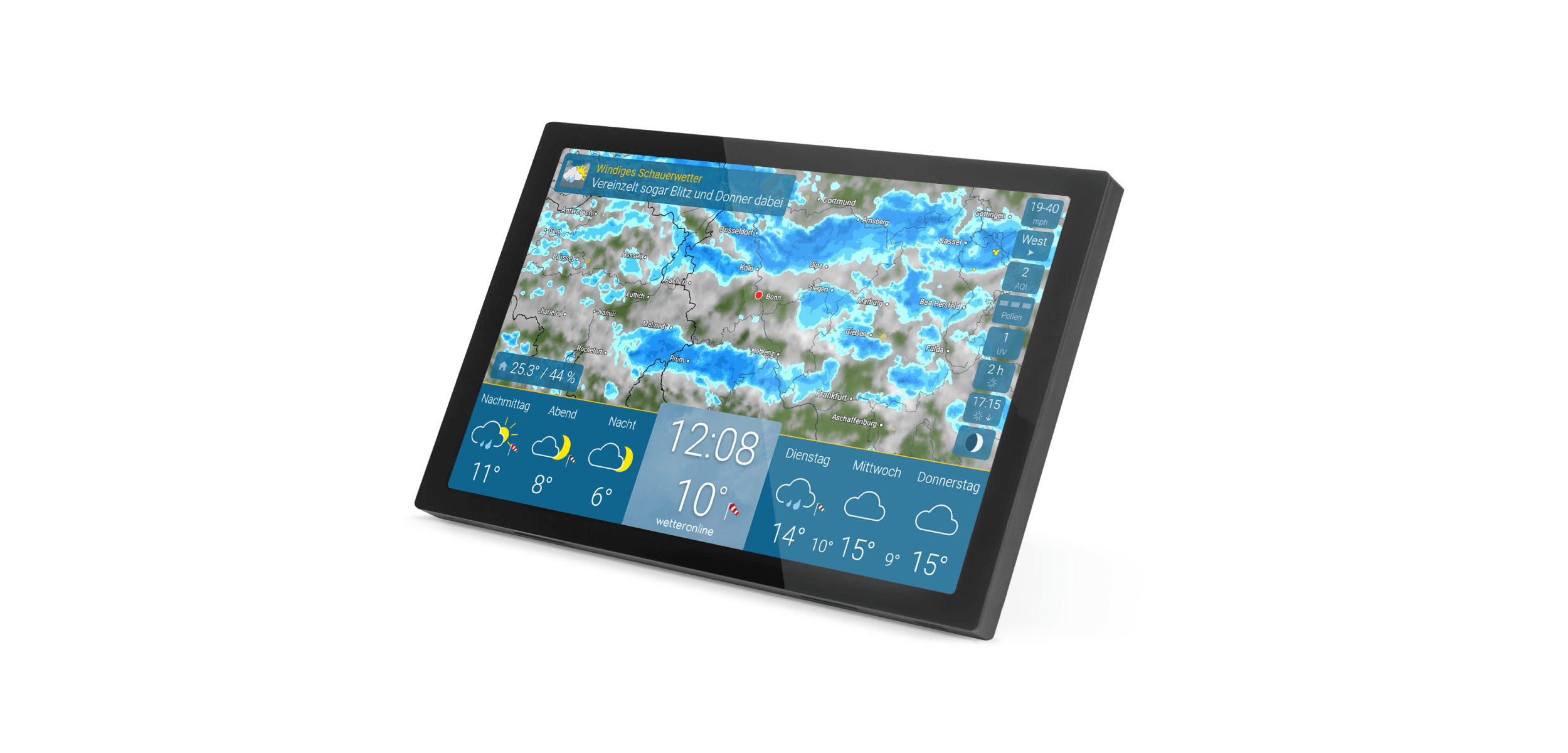 wetteronline home 4 in Schwarz als digitales Wetter Display mit Regenradar und aktueller Wettervorhersage