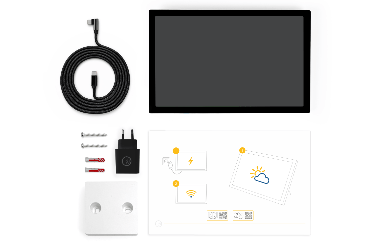 Lieferumfang wetteronline home 4 mit Wetter Display, Netzteil und USB Kabel