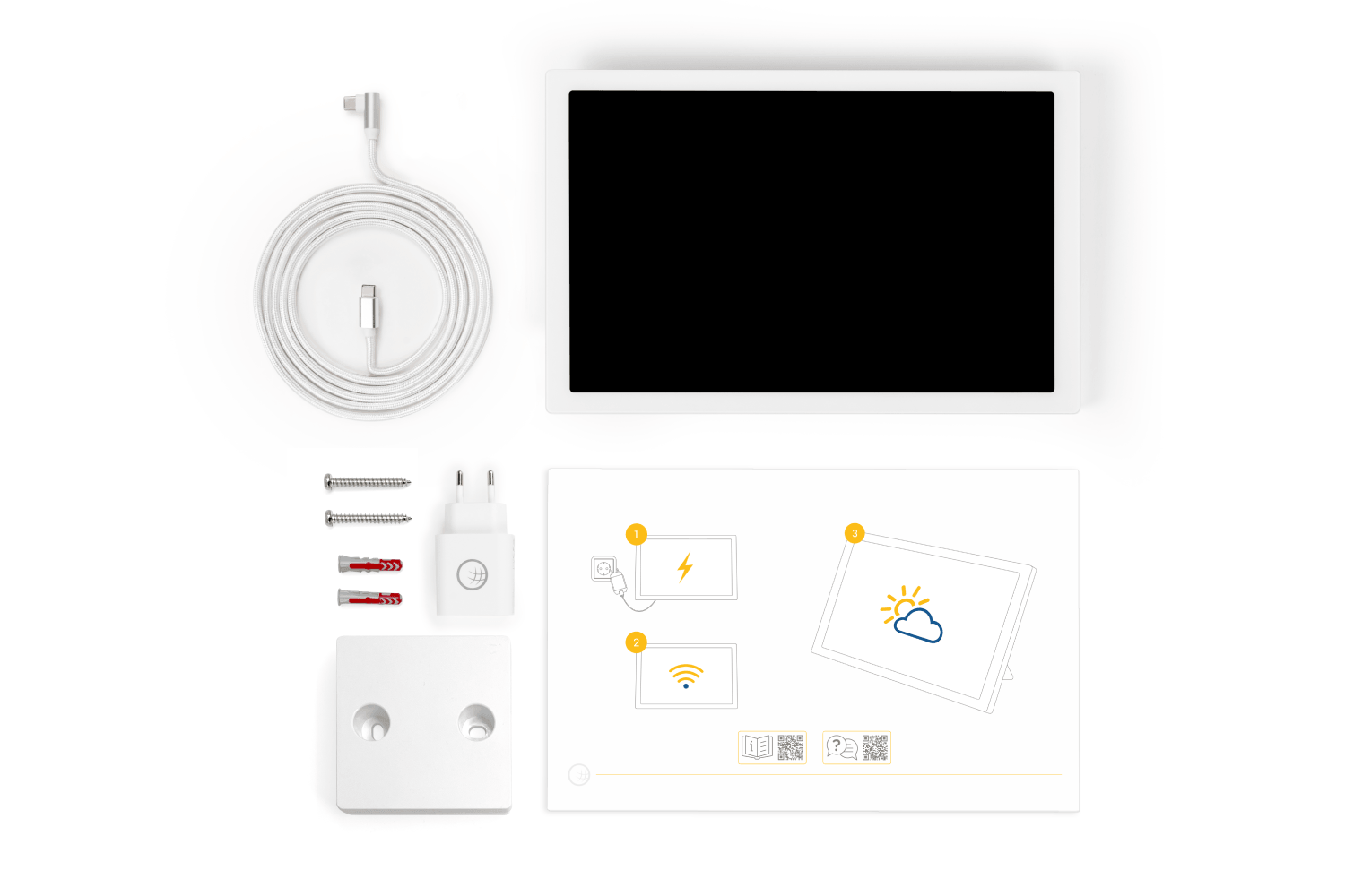 Lieferumfang wetteronline home 4 mit Wetter Display, Netzteil und USB Kabel