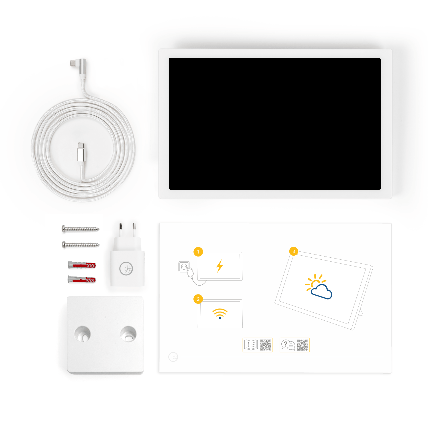 Lieferumfang wetteronline home 4 mit Wetter Display, Netzteil und USB Kabel