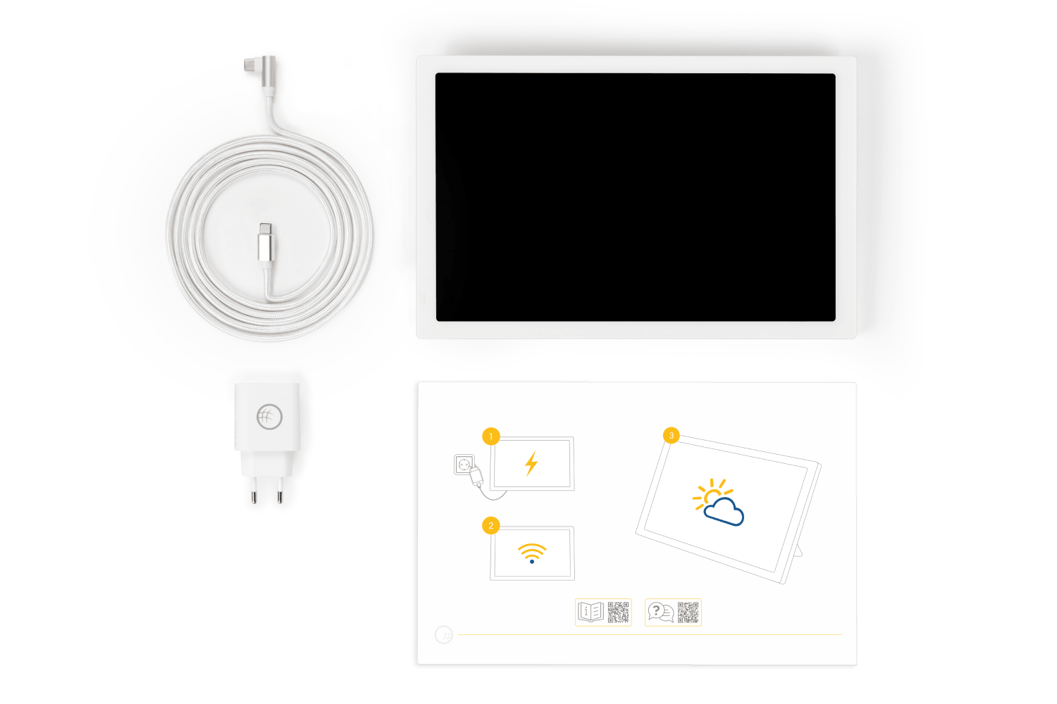 Lieferumfang wetteronline home 4 mit Wetter Display, Netzteil und USB Kabel