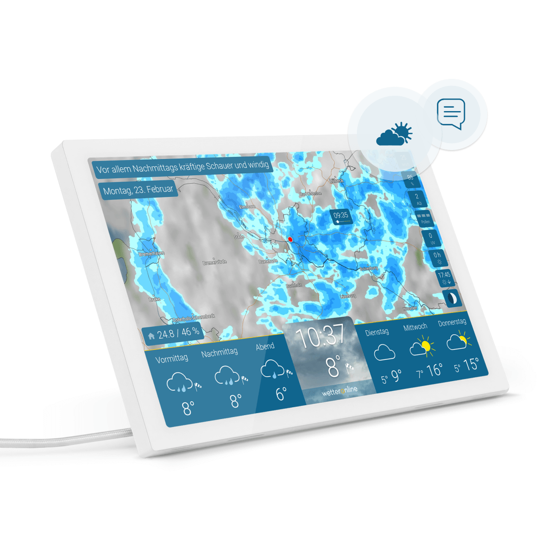 wetteronline home 4 in Weiß mit Regenradar und aktueller Wettervorhersage auf Display