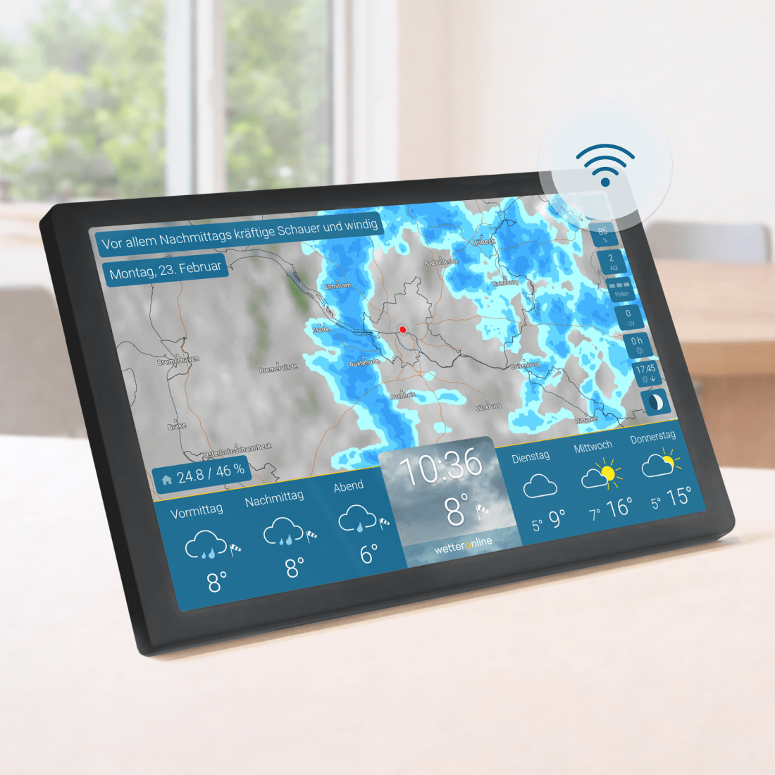 wetteronline home 4 zeigt Luftqualität Index und aktuelle Umweltwerte auf Display